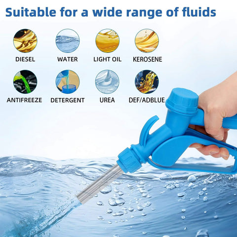 Hand holding Electric Drum Barrel Pump dispensing water, suitable for diesel, DEF/AdBlue, antifreeze, and various fluids