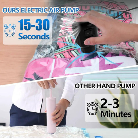 Comparison of electric pump for vacuum storage bags and vacuum sealer bags portable air pump vs. hand pump efficiency