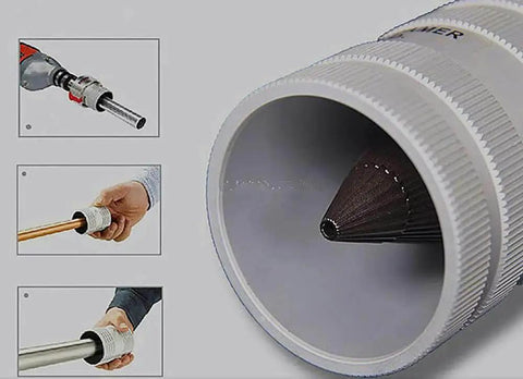 Electric Reamer For Copper Tubes 6mm To 35mm Chamfer Deburr Tool With Internal And External Chamfering Convertible Head shown in use