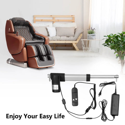 Feikeer electric recliner actuator replacement kit with DC24V, remote, and power adapter beside brown massage chair