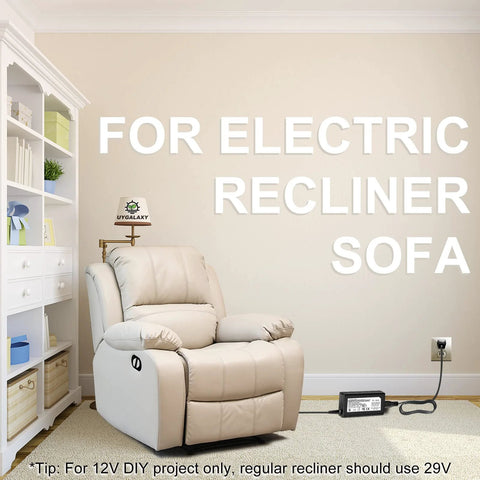 UYGALAXY 12V 5A power supply for electric recliner; beige armchair with floor AC adapter.