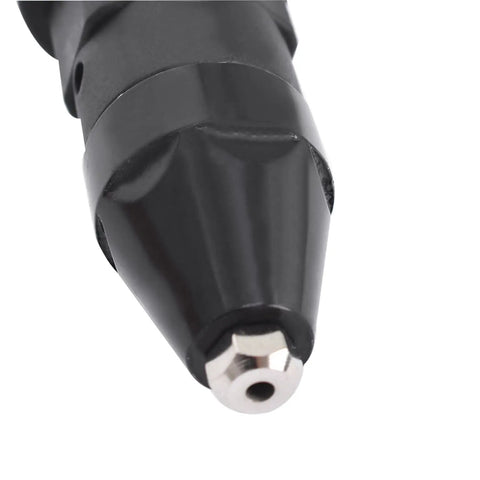 Close-up of Electric Rivet Nut Gun Adapter for Cordless Drill, black, durable high-speed steel construction, compact design.