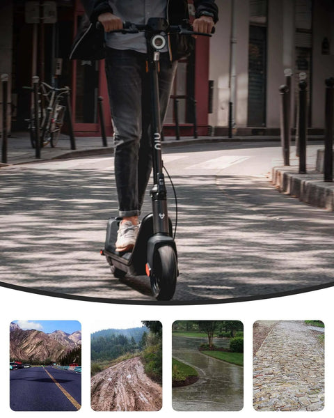 Person riding a scooter with 9.5 x 2.50 Off-Road Tire in urban setting, showcasing its use on various terrains like roads and trails.