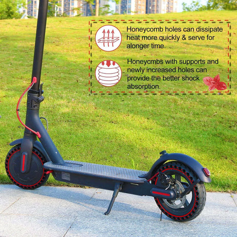 Electric scooter on grass with 2PCS 8.5x2 inches Solid Tires for Electric Scooter, honeycomb holes visible for heat dissipation.