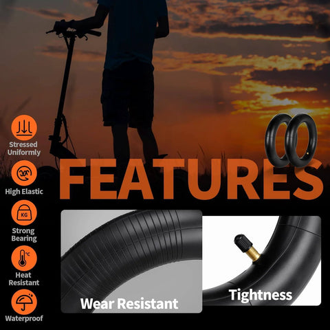 Promotional image for 10x2.125 Inner Tube (2-Pack) for Electric Scooters showcasing wear resistance and tightness features with sunset background.