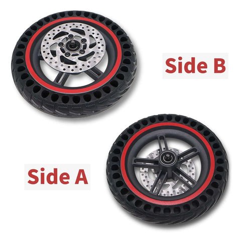 8.5'' Electric Scooter Replacement Rear Wheel – Solid Tire with Wheel Hub & 110mm Brake Disc, side A and B views visible