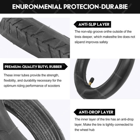 Close-up of 8.5 Inches Electric Scooter Tires 50/75-6.1 Compatible for Gotrax Gxl V2/ M365/Pro/1S, showing features of anti-slip and butyl rubber.