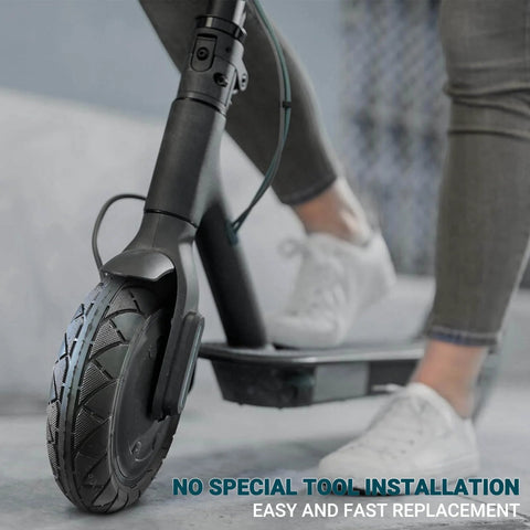 Close-up of front wheel with 200X50 / 8" X 2" tire and inner tube set on an electric scooter, suitable for E100 to eSpark models.