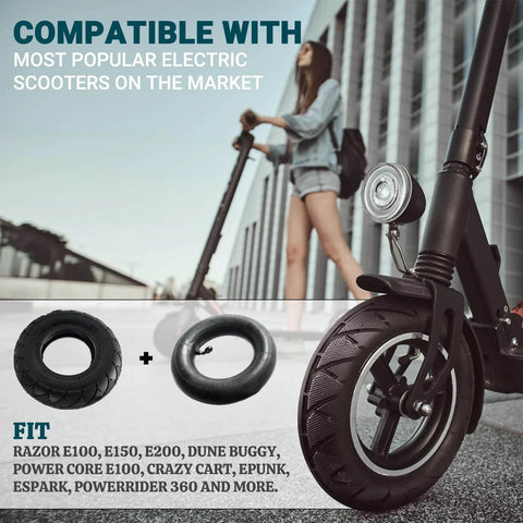 Woman standing beside electric scooter with 200X50 / 8" X 2" | 2 Tire & 2 Inner Tube Set, compatible with E100, E150, E200 models.