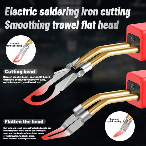 Electric soldering iron with cutting and smoothing trowel flat head attachment, detailing product features and capabilities.