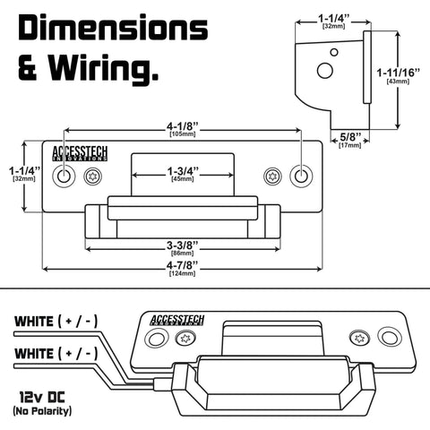 Diagram of Heavy Duty Electric Strike Door Lock 2200 Lbs ANSI Standard Model 300 Fail Secure Fail Safe 12VDC with dimensions and wiring.