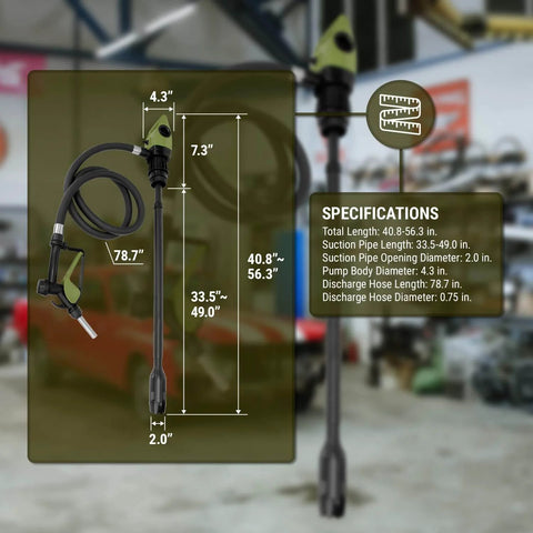 TERA PUMP Electric Transfer Drum Pump for 55 Gallon Drums up to 275 Gallon IBC Totes with specifications diagram