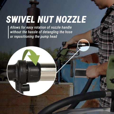 Person using TERA PUMP Electric Transfer Drum Pump with swivel nut nozzle for 55 gallon drums and 275 gallon IBC totes