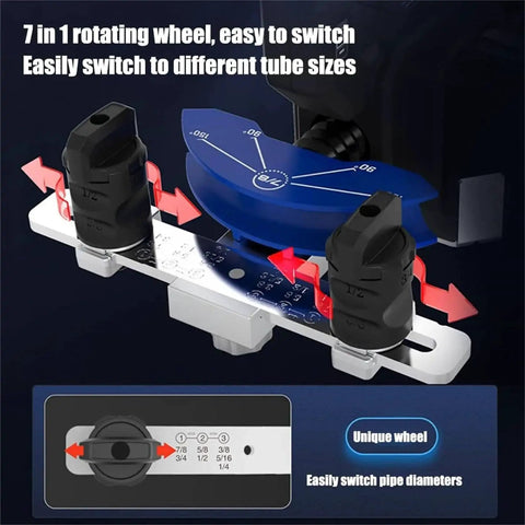 Electric Tube Bender Kit with 7-in-1 rotating wheel for different tube sizes, part of Battery Powered Bender for quick precision pipe work.