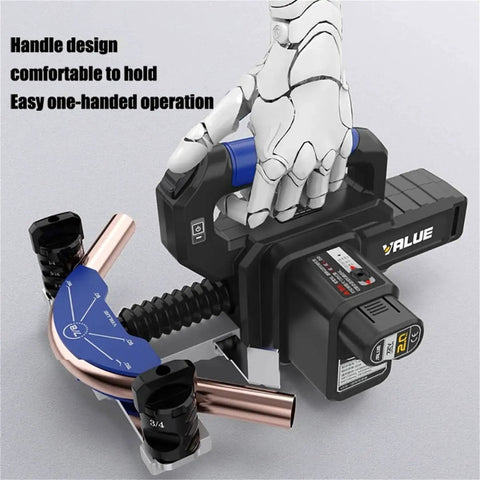 Battery-powered electric tube bender kit for soft copper and aluminum tubing, featuring interchangeable dies for precision bending.