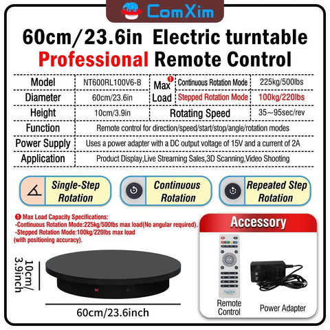 23.6 Inch Remote Motorized Turntable For Photography And 3D Scanning diagram with features and remote control accessories
