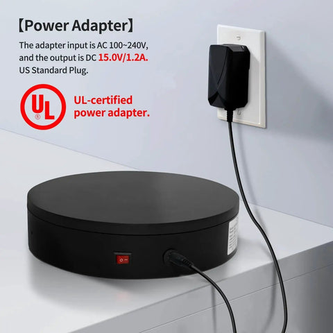 Electric Motorized Turntable 12.6 Inch Diameter Remote Controlled Rotating Display Stand, shown with power adapter connection