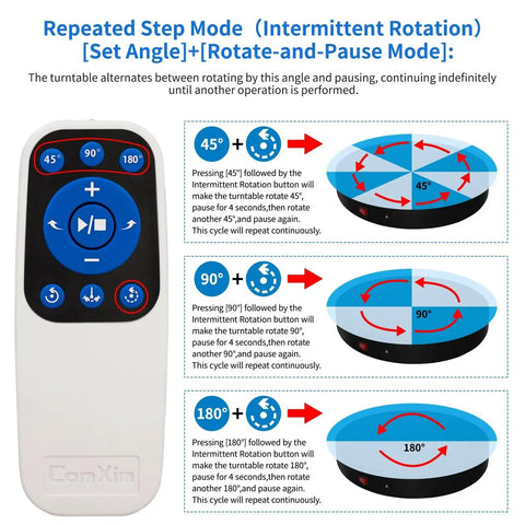 Remote control and rotation modes for Electric Motorized Turntable 12.6 Inch Diameter Remote Controlled Rotating Display Stand.
