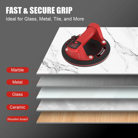 8 Inch Electric Glass Vacuum Suction Cup Lifter on stacked materials, showing use on marble, metal, glass, ceramic, and wood surfaces.