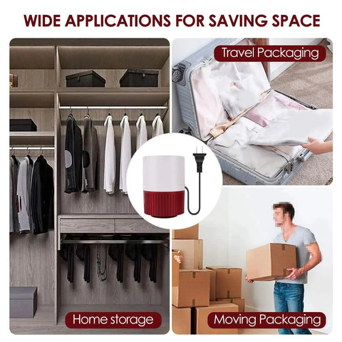 Collage showing Powerful 30W Electric Vacuum Pump in use for home storage, travel packing, and moving, featuring US plug, large storage application.