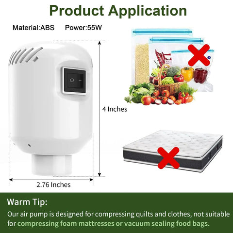 Electric Air Pump For Vacuum Storage Bags showing dimensions and usage note for compressing clothing, quilts, and blankets.