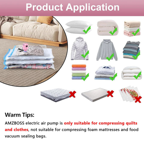 Pink electric vacuum pump for storage bags; compact home device for compressing clothing, blankets, and bedding.