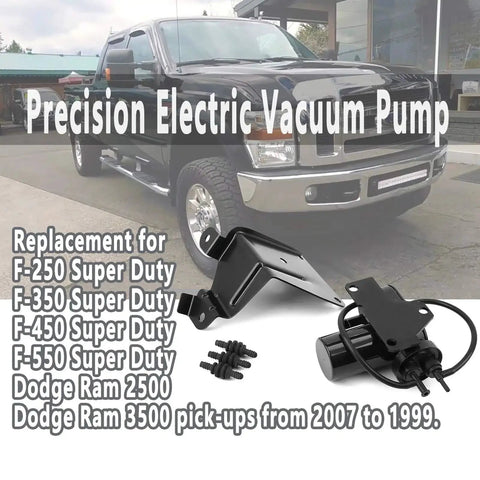 Electric Vacuum Pump Replacement For Ford Diesel HVAC And 4WD with truck background, fits F250 F350 F450 Excursion Dodge Ram 2500 3500.