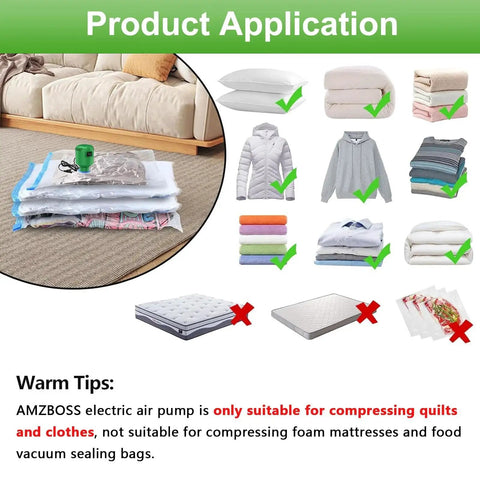 Product application of Electric Vacuum Pump For Storage Bags, shown compressing bedding and clothes, not for mattresses or food vacuum bags