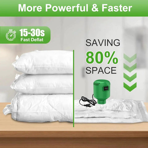 Electric Vacuum Pump For Storage Bags Portable Bag Pump 3X Faster Than Hand Pumps displayed beside compressed bedding bags