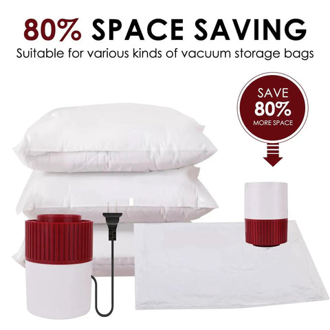 Powerful 30W Electric Vacuum Pump For Large Storage Bags Corded Vacuum Sealer with US Plug and stacked compressed bags.