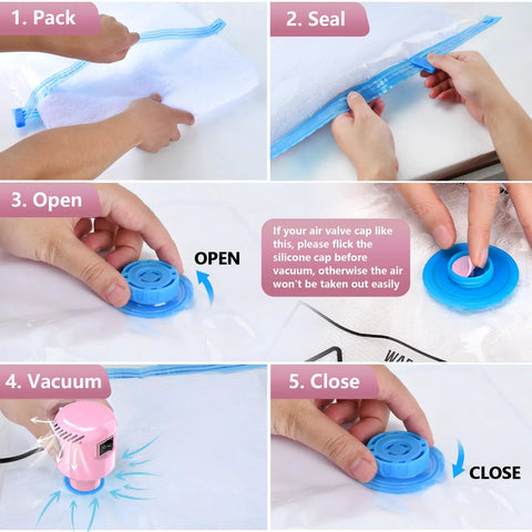 Pink electric vacuum pump for storage bags; collage shows packing, sealing, opening valve, and vacuuming.