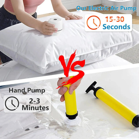Comparison of electric vacuum pump for bags and hand pump, highlighting speed of quick air removal for storage, organization tool