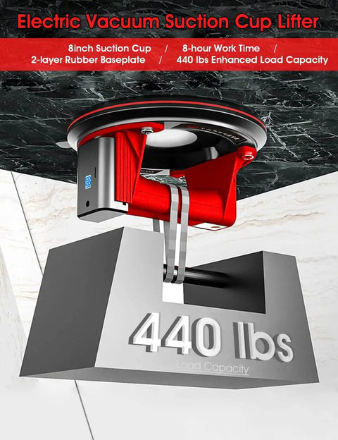Electric Vacuum Suction Cup Lifter With 8 Inch Base lifting 440 lbs block, demonstrating capacity and industrial grip strength.