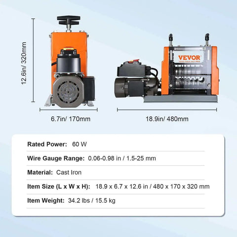 Automatic Electric Wire Stripping Machine 60W with Visible Stripping Depth Reference, specification chart visible.