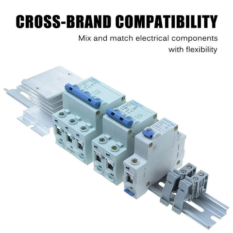 Electrical components displayed with cross-brand compatibility text, illustrating flexibility in mixing and matching parts.