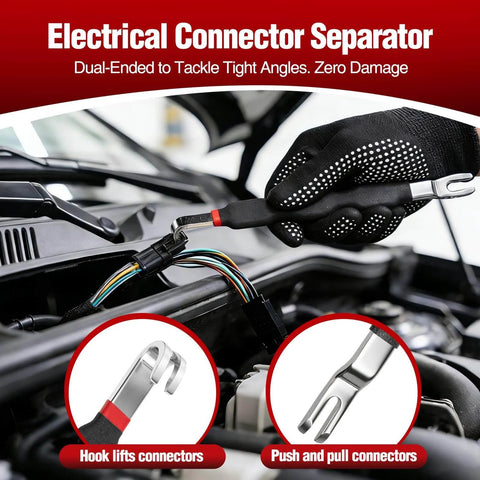 9 Piece Electrical Disconnect Pliers Set For Cars, Connector Removal Tools, shown in use lifting an electrical connector