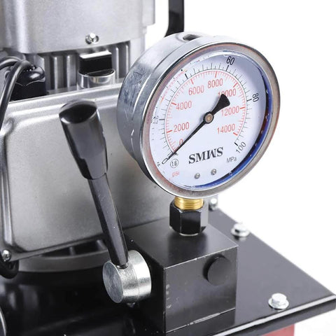 Close-up of pressure gauge and manual valve on HinLIaDa 10000PSI Electric Hydraulic Pump, 750W 110V, showing measurements in PSI and MPa.