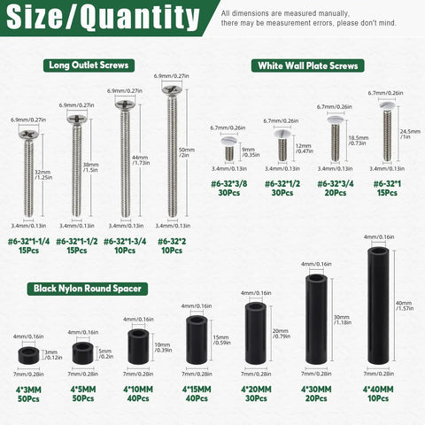 Size chart for Diy Friendly Electrical Outlet Spacer Kit With 385Pcs Black Nylon Round Spacers And Long Screws For Switch And Outlet Mounting Includes M4 Spacers In 3 5 8 10 15 20 Mm Sizes And Wall Plate Screws Flat Head Device Mounting Hardware.
