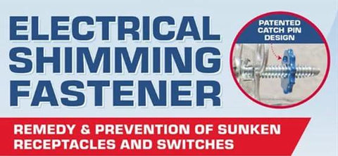 Graphic of electrical shimming fastener with patented catch pin design, used for remedying sunken receptacles, part of Adjustable Outlet Spacer 50pk.