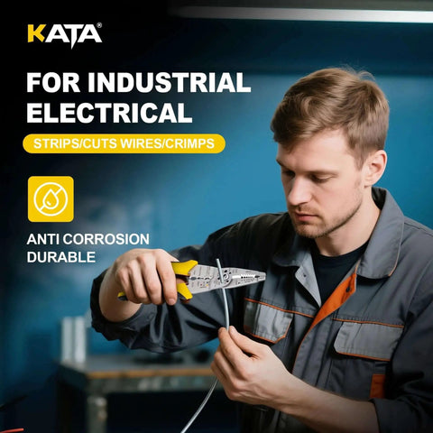 Man using 8 inch wire stripper and crimping pliers for 10-22 AWG solid and stranded wire, precise stripping without fraying, cutting and crimping.
