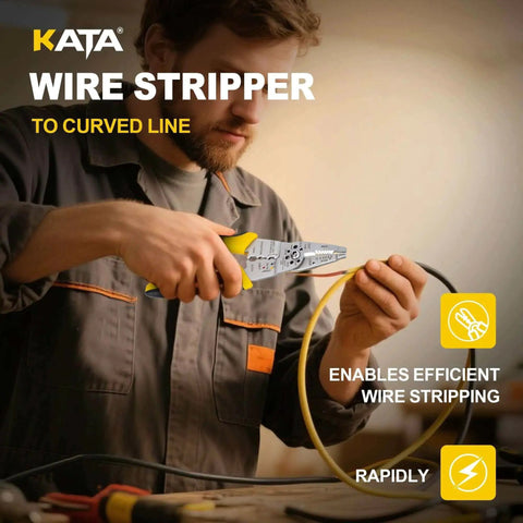 Electrician using 8 Inch Wire Stripper And Crimping Pliers For 10-22 AWG Solid And Stranded Wire, heavy duty hand tool in workshop