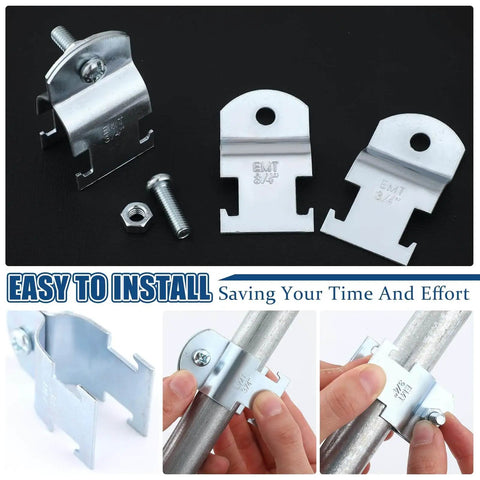 Universal EMT Pipe Strut Clamps for Strut Channel Accessory Electro Galvanized Conduit Clamp with Bolt and Nut Three Quarters Inch Rigid Pipe Tool Kit Durable Electrical Mounting Hardware 50 Pieces displayed with installation process