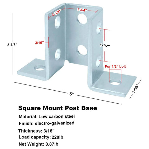Square mount post base with measurements and electro-galvanized low carbon steel description.