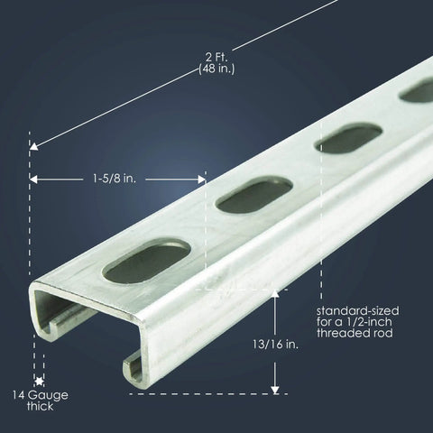 Durable 14 gauge metal strut channel with electro galvanize finish provides solid frame support for lightweight loads, front view