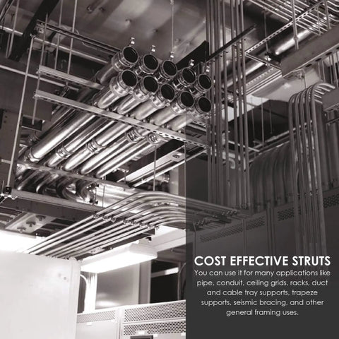 Durable 14 gauge metal strut channel with electro galvanize finish supports pipes and conduits in ceiling installation