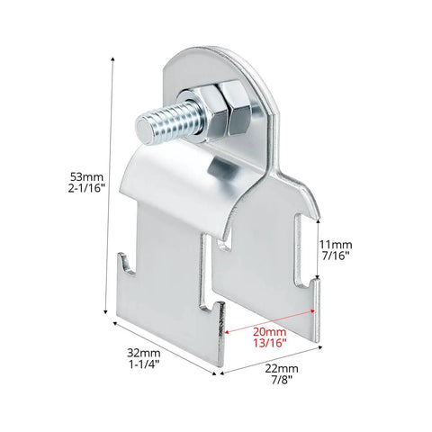 EMT Pipe Universal Strut Clamps Ten Pack One Half Inch Electro Galvanized Conduit Channel Clamps for Secure Mounting and Corrosion Resistant Support in Electrical Installations, close-up view with dimensions