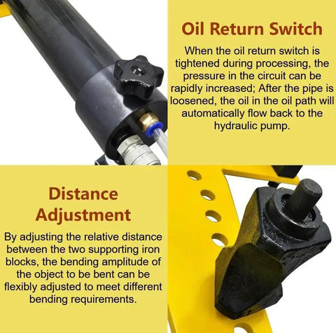 Close-up of Electro Hydraulic Pipe Bender Machine oil return switch and distance adjustment mechanism, 110V, with yellow components.