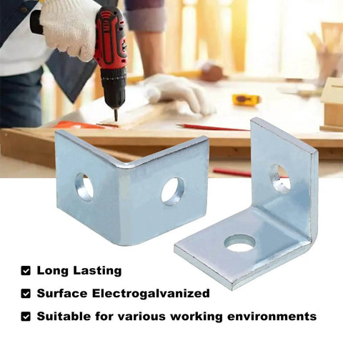 Ten sturdy L shaped 90 degree brackets with two holes securely support 1-5/8 inch wide strut channels with 1/2 inch bolts