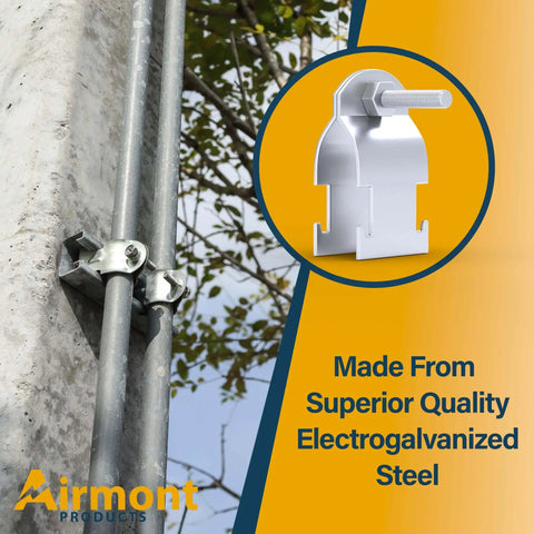 Durable 1 inch rigid strut clamps securely connect conduit to strut channels, shown mounted on a pole with electrogalvanized steel.