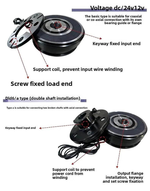 Single Plate Electromagnetic Clutch & Brake - 12V/24V Electric Holding Brake for Industrial Equipment (DJDM06-05B), featuring coil and keyway.